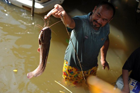 Một người dân ở Bangkok bắt được con cá trên trong nước lũ. Ảnh: AFP.